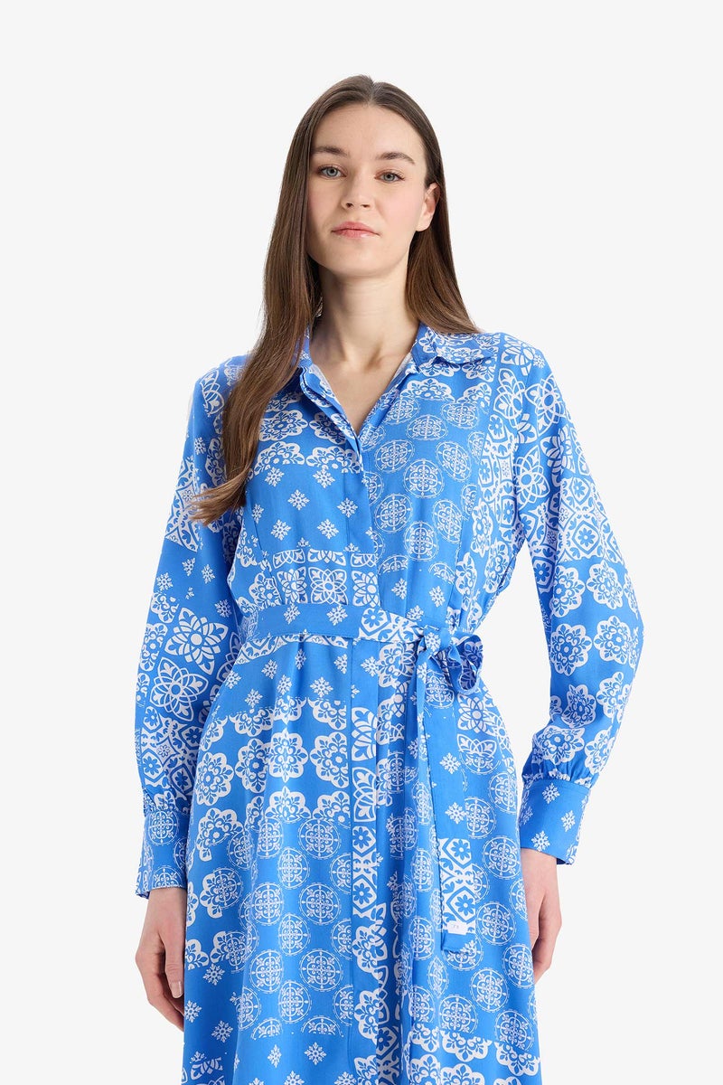 DeFacto Blue Woman Shirt Collar Printed Viscose Dress Casual - Image 4